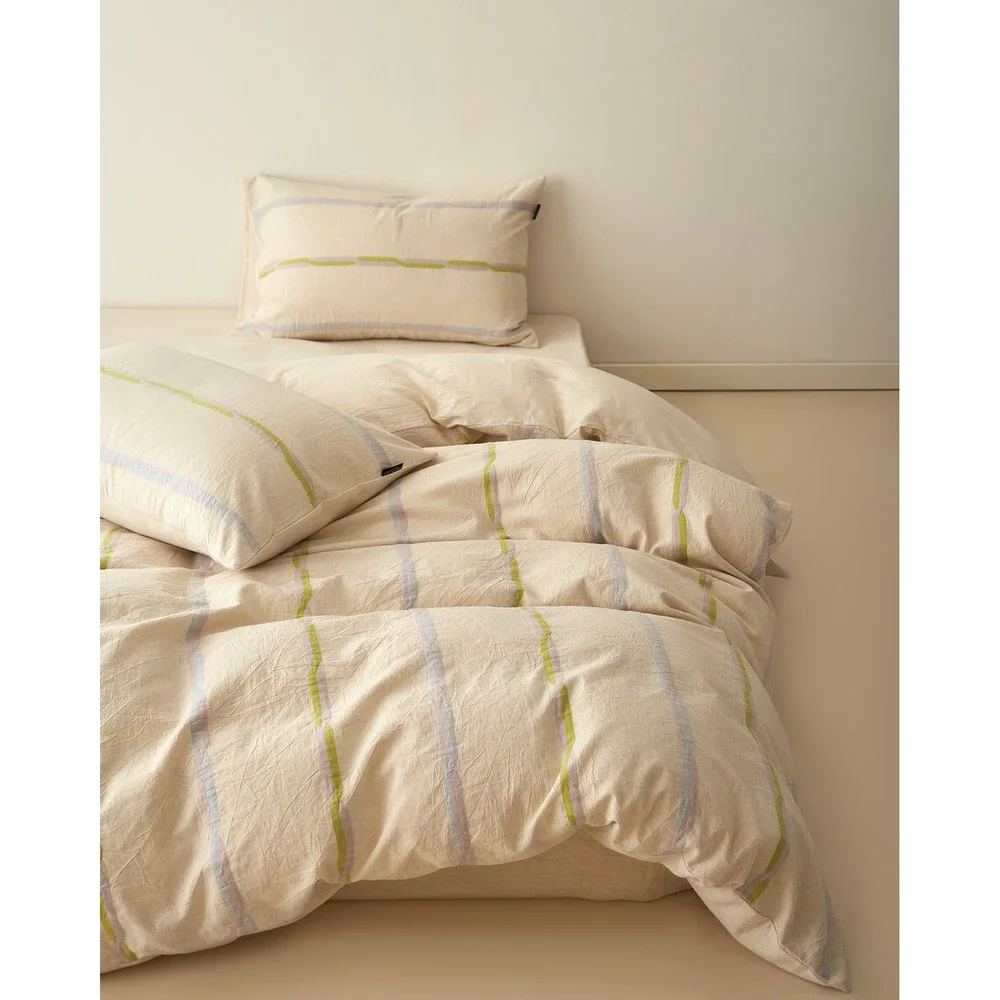 Faith Cotton Linen Striped Duvet Cover Set King Green Top Grade & Natural